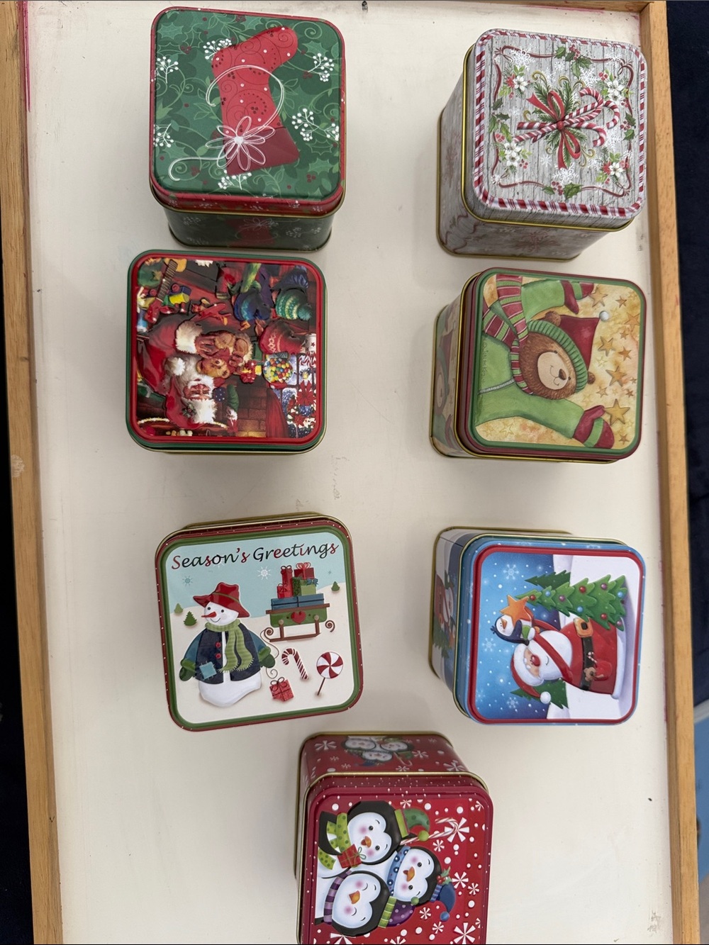 Set of 7 Festive Holiday Tin Boxes - Christmas Snowman & Santa Designs